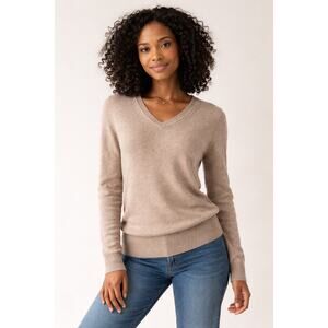 Quince 100% Cashmere Sweater Small V-Neck Taupe Beige Classic Minimalist